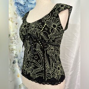 Y2K Fashion Bug Black and Yellow Graphic Top Ribbon & Lace